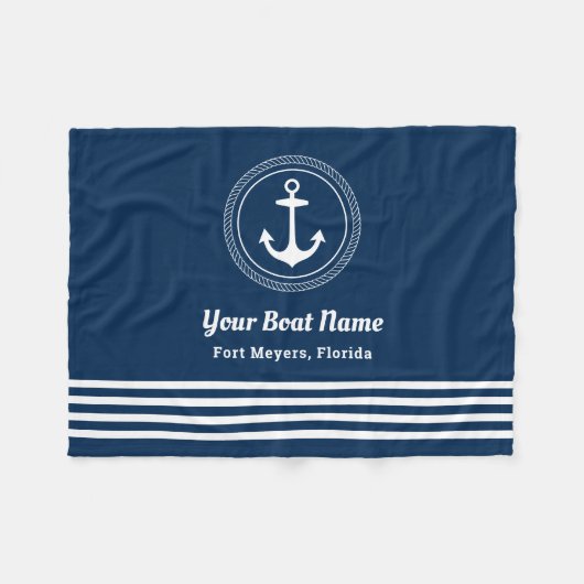 Nautical Navy Blue Custom Boat Name Anchor Fleece Deken (Voorkant (Horizontaal))