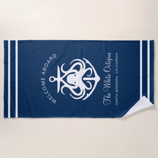 Nautical Navy Blue Custom Boat Name Anchor Octopus Strandlaken (Voorkant)