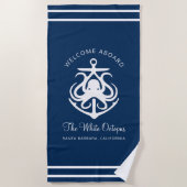 Nautical Navy Blue Custom Boat Name Anchor Octopus Strandlaken (Voorkant)