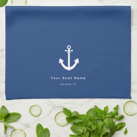 Nautical Navy Blue Custom Boat Name Anchor Theedoek (Gevouwen)