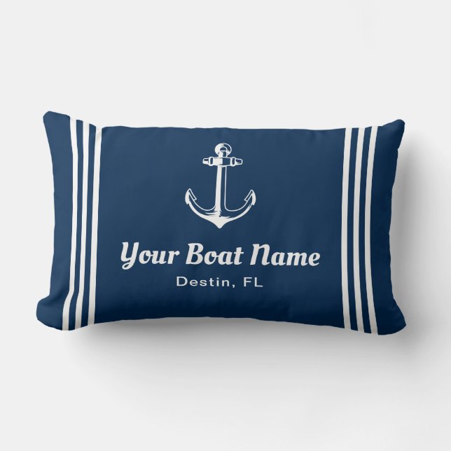 Nautical Navy Blue Custom Boat Name Lumbar Kussen (Voorkant)
