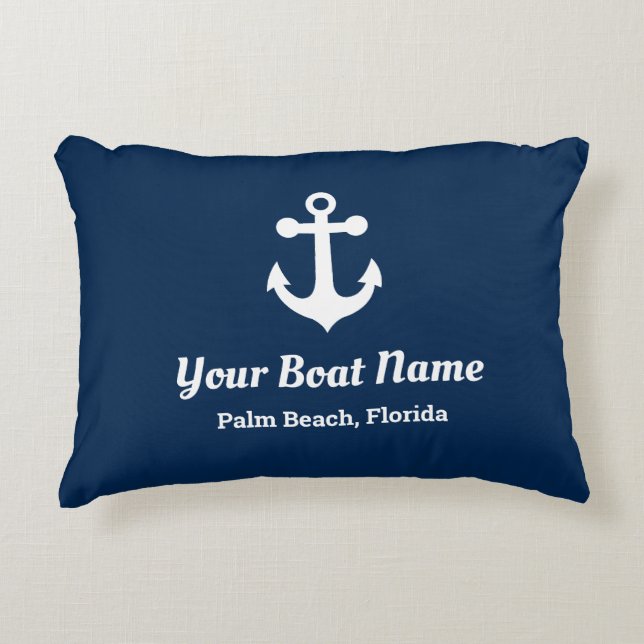 Nautical Navy Blue Custom Boat Name Lumbar Pillow Accent Kussen (Voorkant)