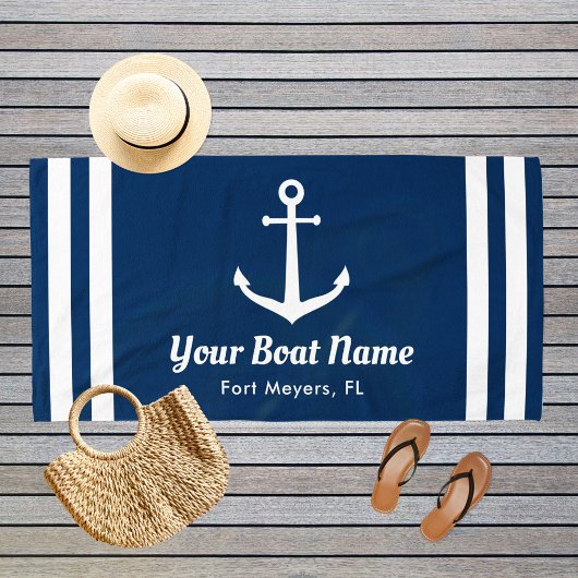 Nautical Navy Blue Custom Boat Name Strandlaken