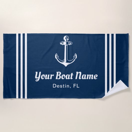 Nautical Navy Blue Custom Boat Name Strandlaken (Voorkant)