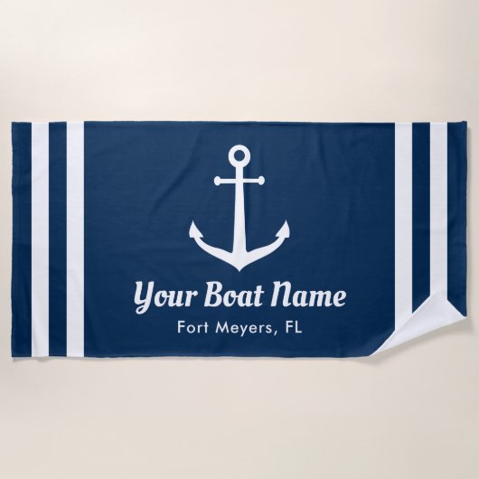 Nautical Navy Blue Custom Boat Name Strandlaken (Voorkant)