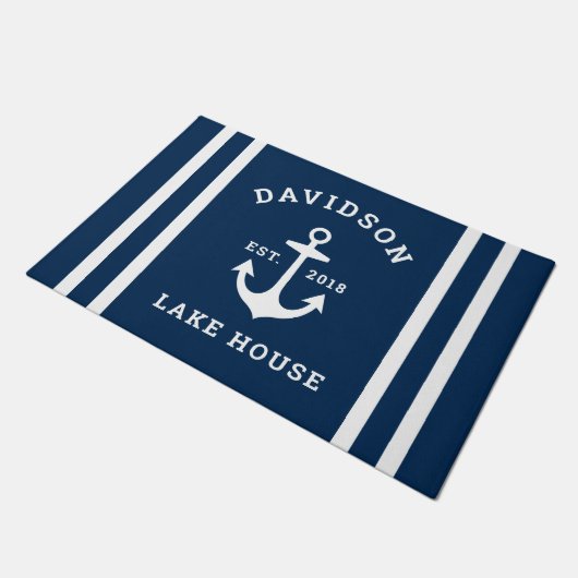 Nautical Navy Blue Custom Family Lake House Deurmat (Schuin)