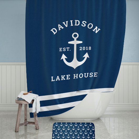 Nautical Navy Blue Custom Family Lake House Douchegordijn