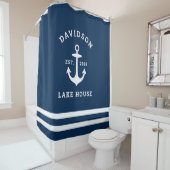Nautical Navy Blue Custom Family Lake House Douchegordijn (In situ)