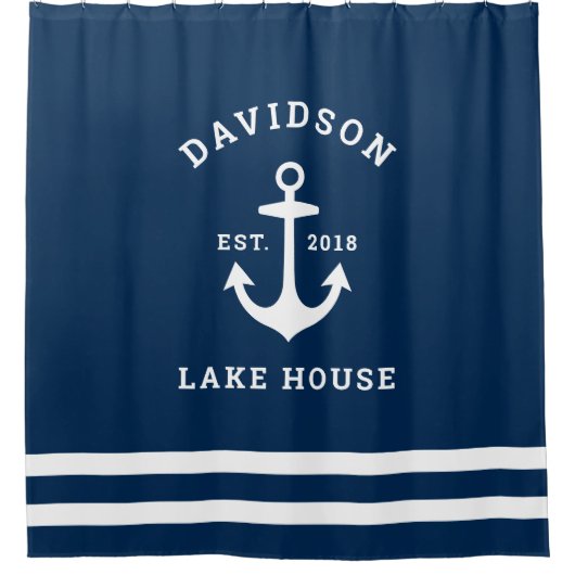 Nautical Navy Blue Custom Family Lake House Douchegordijn (Voorkant)