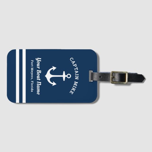 Nautical Navy Blue Custom Kapitein Boat Name Bagagelabel (Voorkant (horizontaal))