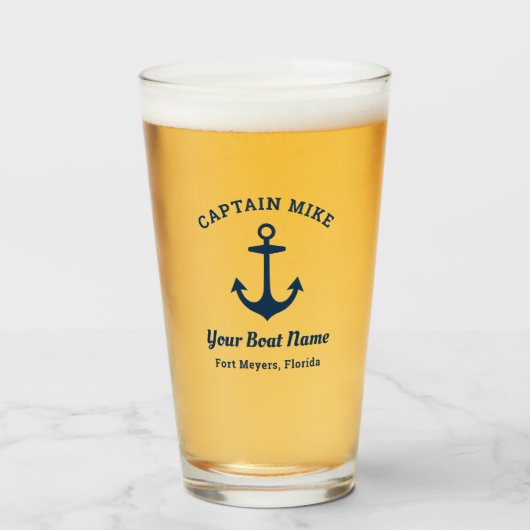 Nautical Navy Blue Custom Kapitein Boat Name Glas (Voorkant gevuld)