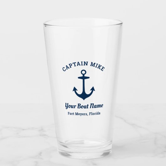 Nautical Navy Blue Custom Kapitein Boat Name Glas (Voorkant)