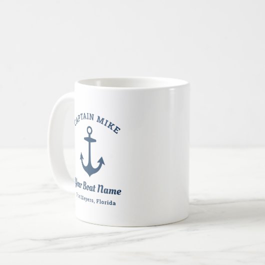 Nautical Navy Blue Custom Kapitein Boat Name Koffiemok (Voorkant links)