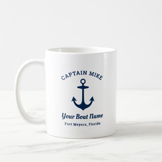 Nautical Navy Blue Custom Kapitein Boat Name Koffiemok (Links)