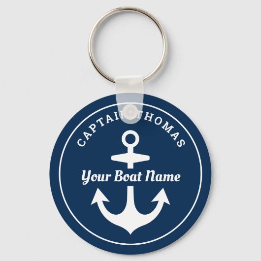 Nautical Navy Blue Custom Kapitein Boat Name Sleutelhanger (Voorkant)