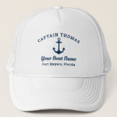 Nautical Navy Blue Custom Kapitein Boat Name Trucker Pet (Voorkant)