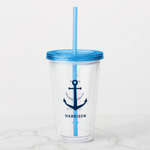 Nautical Navy Blue Custom Name Boat Anchor Acryl Drinkbeker