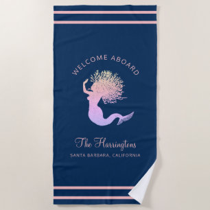 Nautical Navy Blue Custom Name Mermaid Beach Towel Strandlaken