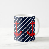 Nautical Navy Blue Diagonal Stripe Red Anchor Koffiemok (Voorkant rechts)