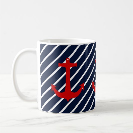 Nautical Navy Blue Diagonal Stripe Red Anchor Koffiemok (Links)