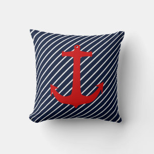 Nautical Navy Blue Diagonal Stripe Red Anchor Kussen