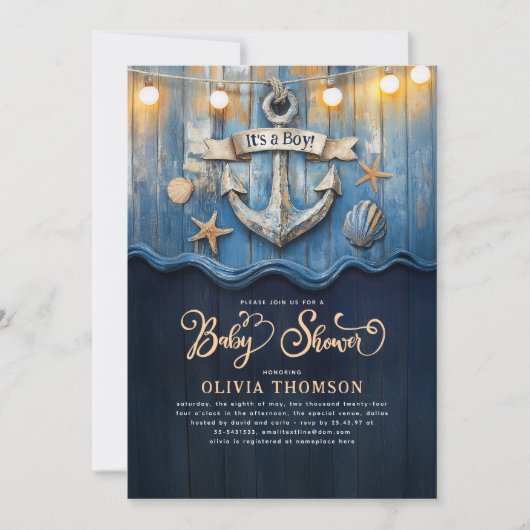 Nautical Navy Blue en Gold Anchor Baby shower Kaart (Voorkant)