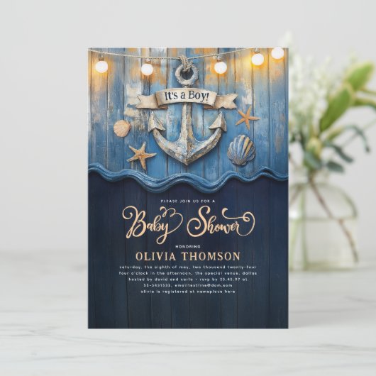 Nautical Navy Blue en Gold Anchor Baby shower Kaart (Staand voorkant)