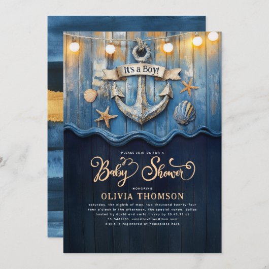 Nautical Navy Blue en Gold Anchor Baby shower Kaart (Voorkant / Achterkant)