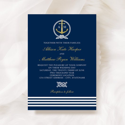 Nautical Navy Blue en Gold Anchor Wedding Kaart
