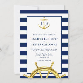 Nautical Navy Blue en Gold Anchor Wedding Kaart