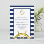 Nautical Navy Blue en Gold Anchor Wedding Kaart (Staand voorkant)