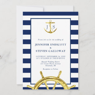 Nautical Navy Blue en Gold Anchor Wedding Kaart
