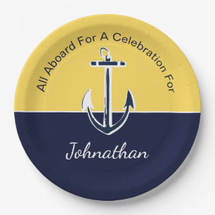 Nautical Navy Blue en mosterd geel anker partij Papieren Bordje
