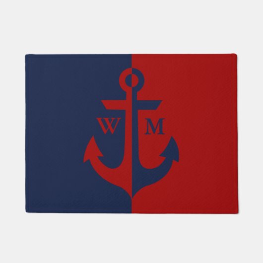 Nautical Navy Blue en Red Anchor Monogram Deurmat (Voorkant)