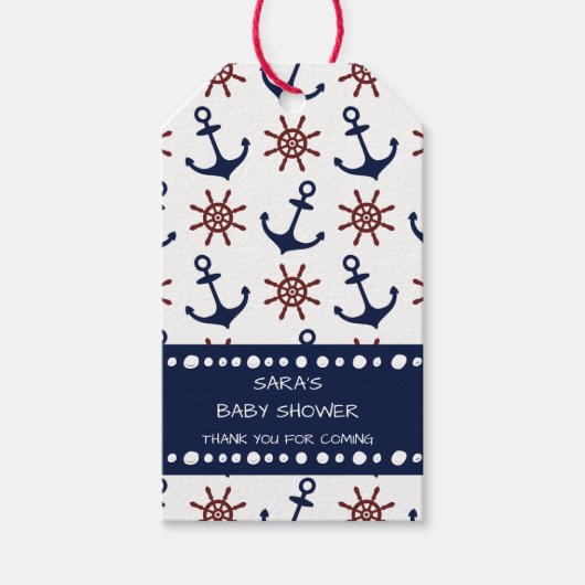 Nautical Navy Blue en red Anchor rudder patroon Cadeaulabel (Voorkant)