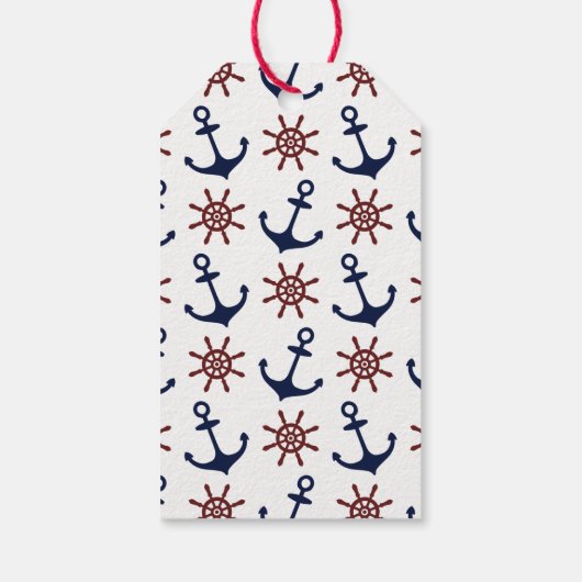 Nautical Navy Blue en red Anchor rudder patroon Cadeaulabel (Achterkant)