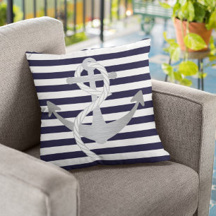 Nautical Navy Blue en Silver Anchor Sailing Kussen