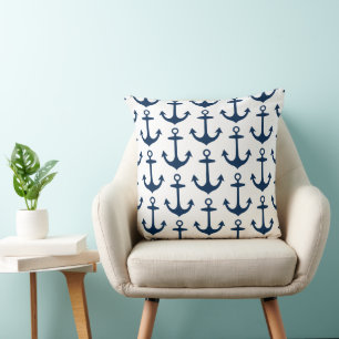 Nautical Navy Blue en White Anchor Pattern Kussen