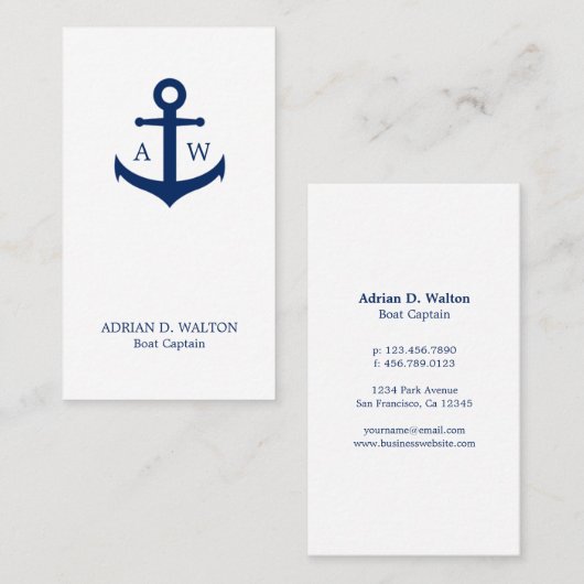 Nautical Navy Blue en White Monogram verticaal Visitekaartje (Voorkant / Achterkant)