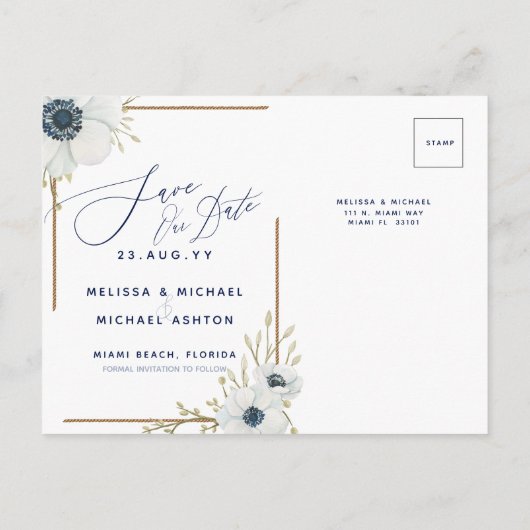 Nautical Navy Blue en White Save the Date Announ Aankondigingskaart (Achterkant)