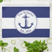Nautical Navy Blue en White Striped Theedoek (Gevouwen)