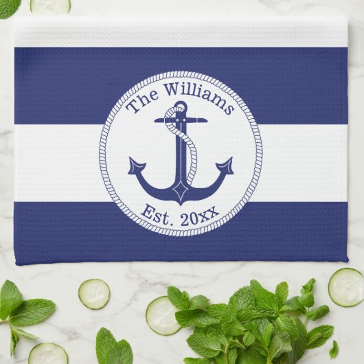 Nautical Navy Blue en White Striped Theedoek (Gevouwen)