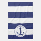 Nautical Navy Blue en White Striped Theedoek (Verticaal)
