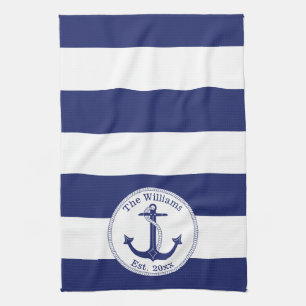 Nautical Navy Blue en White Striped Theedoek
