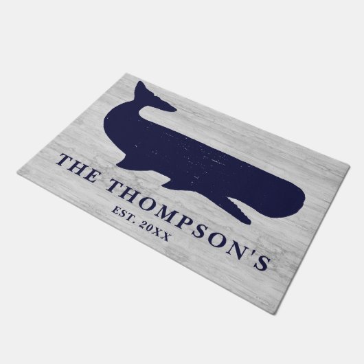 Nautical Navy Blue Familienaam Walvis Vakantiehuis Deurmat (Schuin)