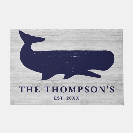 Nautical Navy Blue Familienaam Walvis Vakantiehuis Deurmat (Voorkant)