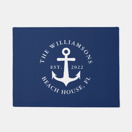 Nautical Navy Blue Family Name Anchor Beach House Deurmat (Voorkant)