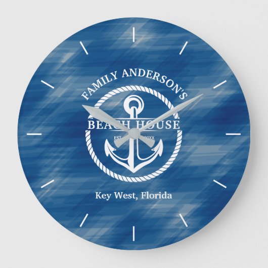 Nautical Navy Blue Family Name Anchor Beach House Grote Klok (Voorkant)