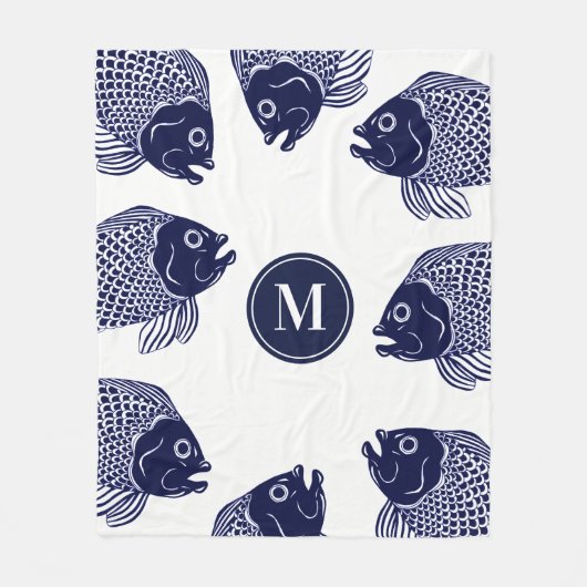 Nautical Navy Blue Fish Head | Gepersonaliseerd Fleece Deken (Voorkant)