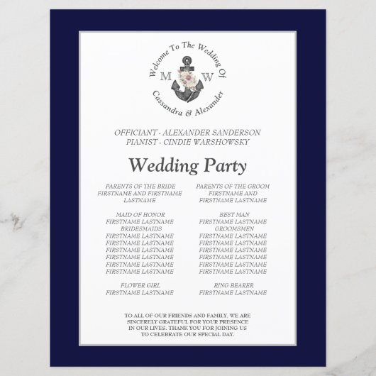 Nautical Navy Blue Floral Anker bruiloft programma (Achterkant)